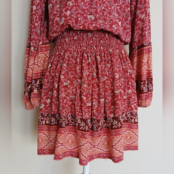 American Eagle Red and Orange Long Sleeve Floral Boho Mini Dress - Picture 6 of 12